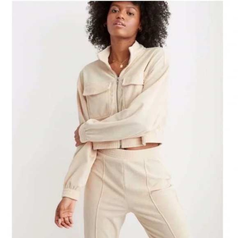 Aerie Womens Cream Corduroy Cropped Zip Up Jacket Mock Neck Lounge Cozy Large
